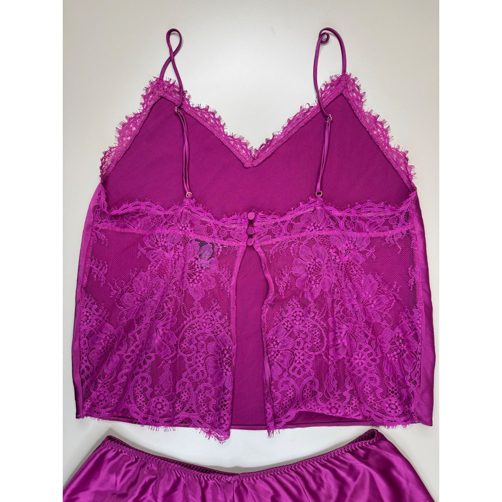 Victoria's Secret Satin Lace Pajama Set Women L Magenta Cami Shorts Boudoir Glam - Picture 9 of 14